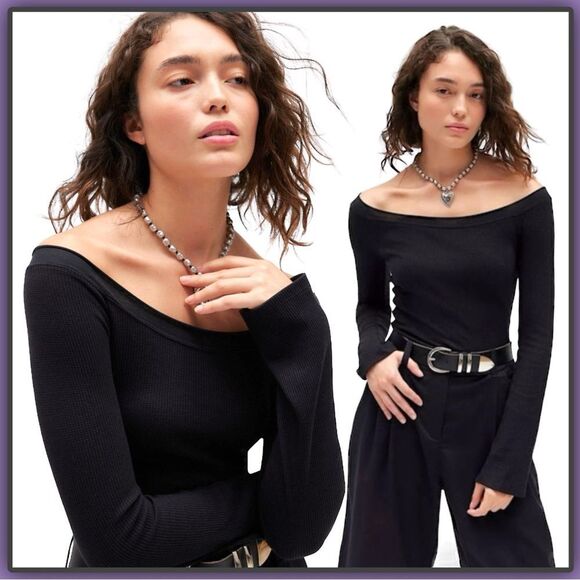 BDG Stella Boatneck Waffle knit Long Sleeve Tee Black - Picture 12 of 16